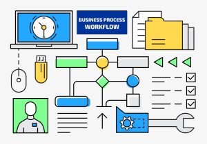 A diagram of a business process workflow for marketing freelance services globally, including a laptop, USB, document, and wrench.