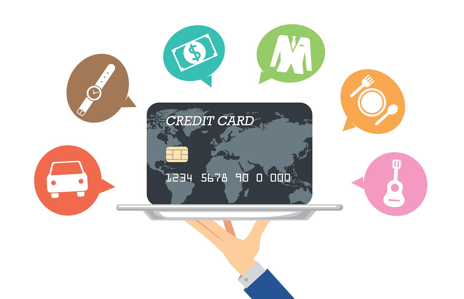 A hand holding a silver platter with a black credit card on it, surrounded by speech bubbles with icons representing rewards and promotions such as cash back, travel, dining, and entertainment.