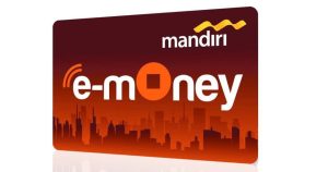 A red and orange image of a Mandiri e-Money credit card with benefits.