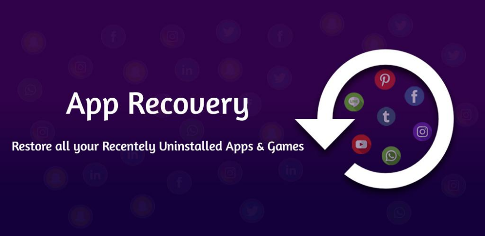 A purple background with a white circle in the center containing the text 'App Recovery' and a white arrow going into the circle with icons of popular apps surrounding it. The image represents the search query 'How to recover deleted apps on Android without Play Store'.