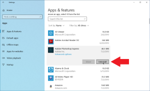 A screenshot of the 'Apps & features' settings page in Windows 10, with the 'Uninstall' button highlighted for the 'Adobe Photoshop Express' app.