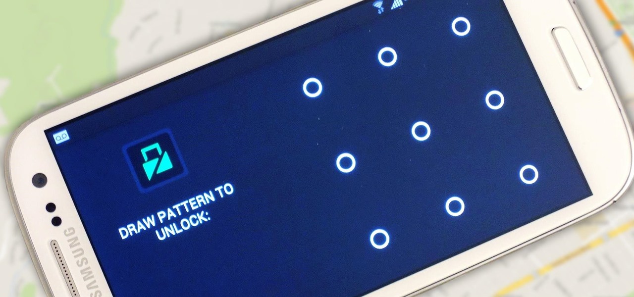 A white Samsung smartphone with a pattern lock screen is shown with a green icon on the left side of the screen and text reading: 'DRAW PATTERN TO UNLOCK'