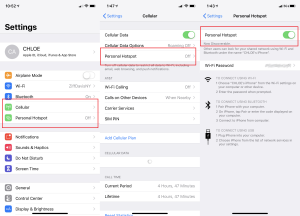 The image shows the 'Settings' app on an iPhone with the 'Personal Hotspot' option highlighted in the menu on the left, and the 'Personal Hotspot' settings on the right.