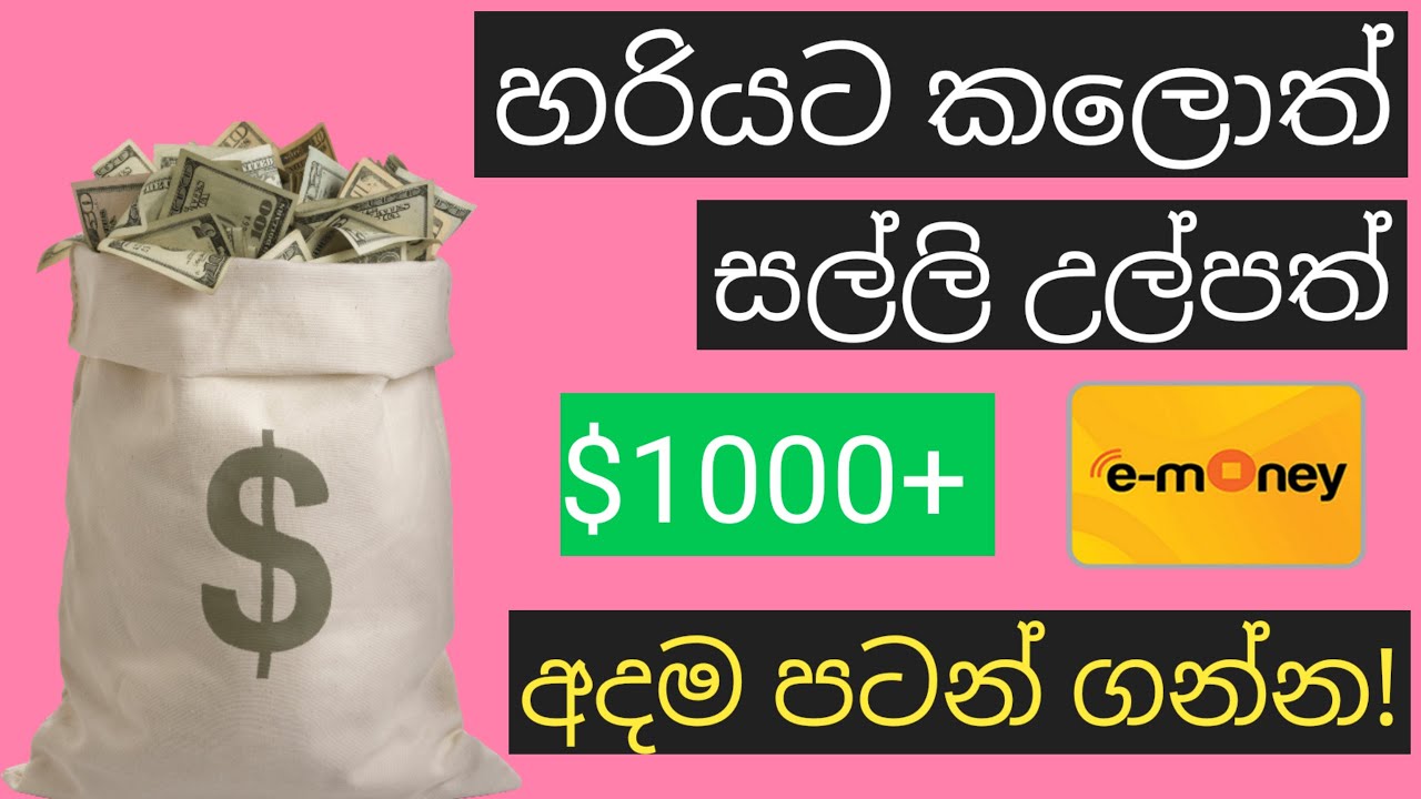 The image shows a bag of money with the text 'emoney' on it and a pink background with text in Sinhala about checking your e-money balance without NFC.