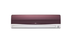 The image shows an LG air conditioner. It has a sleek design with a dark purple front panel. The air conditioner can be controlled remotely using a smartphone.
