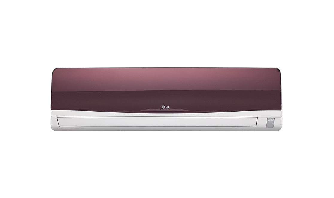 The image shows an LG air conditioner. It has a sleek design with a dark purple front panel. The air conditioner can be controlled remotely using a smartphone.