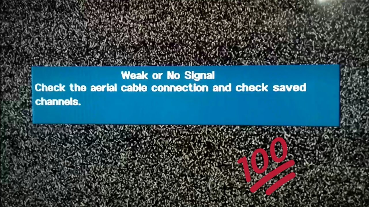 A TV screen displays a message reading 'Weak or No Signal. Check the aerial cable connection and check saved channels.'