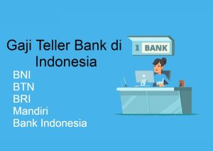 The image shows a bank teller sitting at a desk with a computer on it. The text on the left side of the image says "Gaji Teller Bank di Indonesia", which means "Bank teller salary in Indonesia". The text on the right side of the image lists the names of four banks in Indonesia: Bank Negara Indonesia (BNI), Bank Tabungan Negara (BTN), Bank Rakyat Indonesia (BRI), and Bank Mandiri. The image is about bank teller salaries in Indonesia.