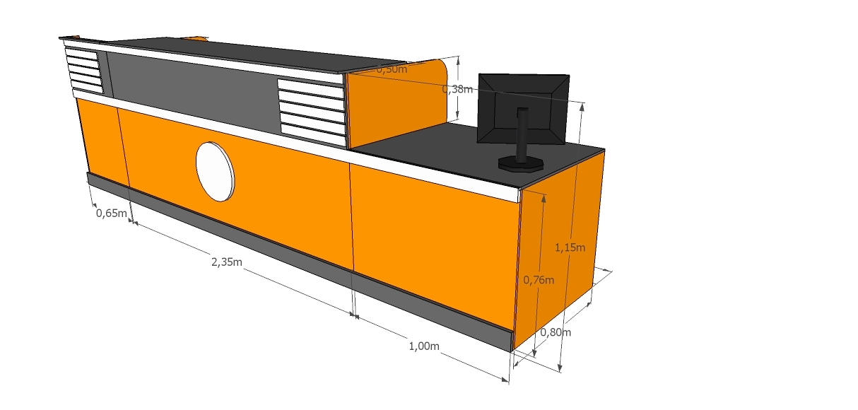 The image is a 3D rendering of a bank teller counter. The counter has a large orange surface with a round cutout on the left side and a black surface on the right side. There is a computer monitor sitting on the black surface.