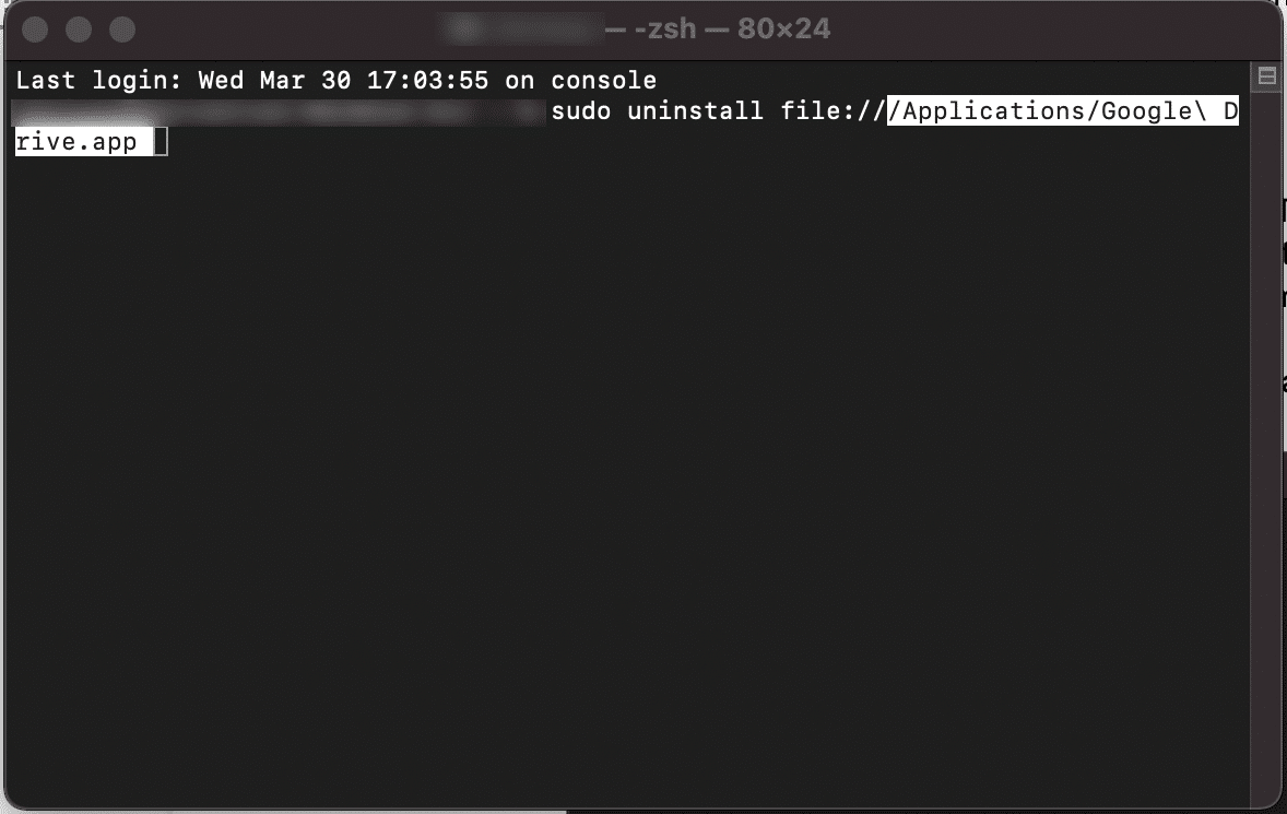 A screenshot of the Terminal app on macOS, showing the command to uninstall the Google Drive app using the command 'sudo uninstall file:///Applications/Google Drive.app'.