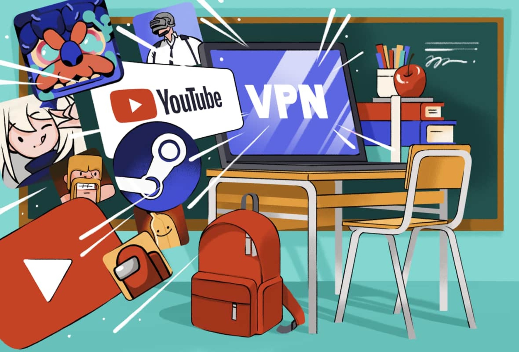 A student is sitting at a desk in a classroom. The student is using a laptop to access a variety of websites, including YouTube, Steam, and Clash of Clans. The student is also using a VPN to access blocked websites.