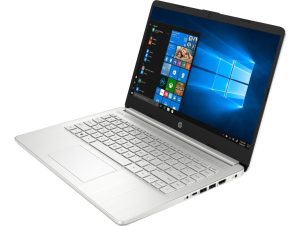 A silver HP laptop with a large screen, a backlit keyboard, and a number pad, suitable for school children who need a computer with a lot of RAM.