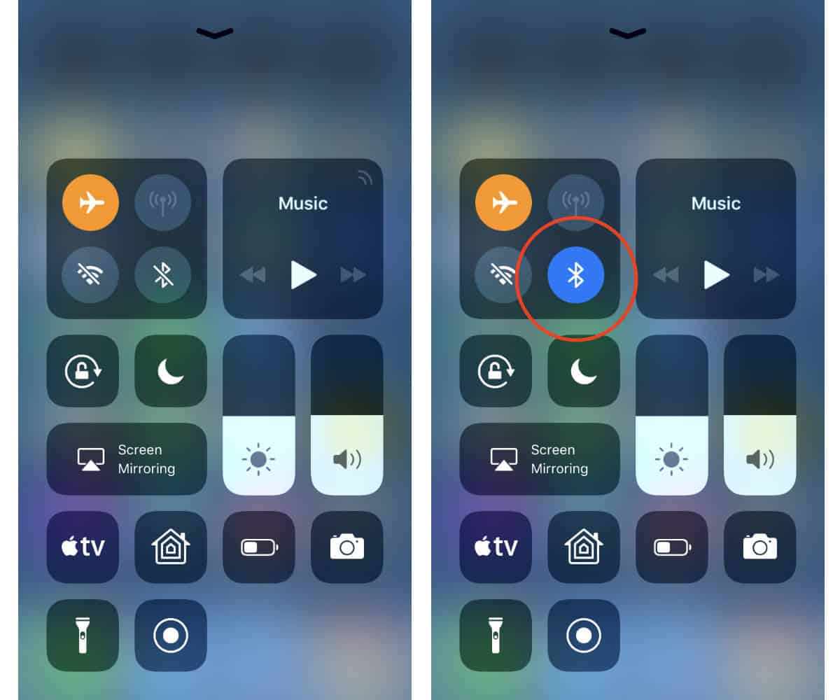 The image shows the Control Center of an iPhone with the airplane mode enabled.