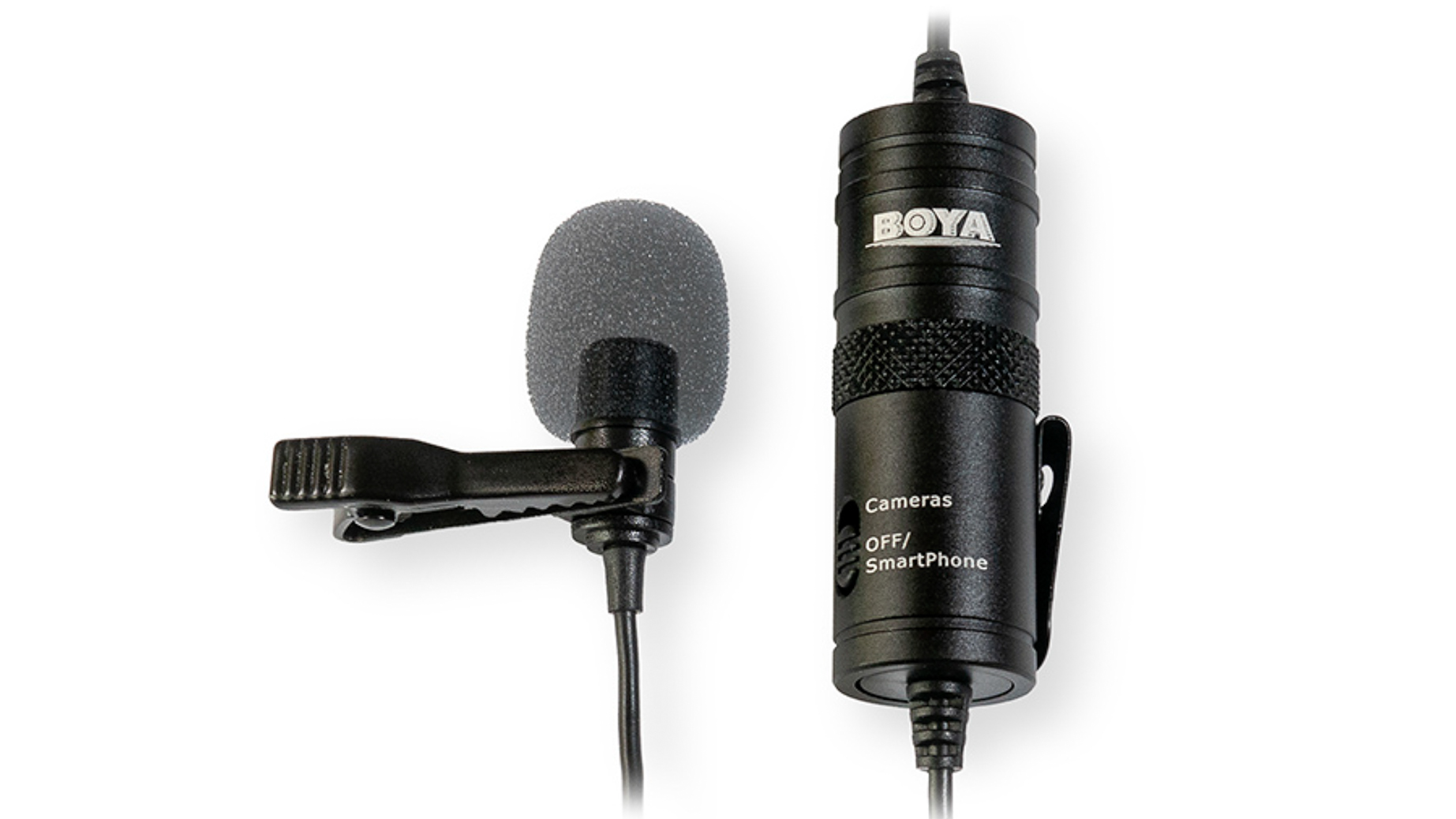 A black wireless lavalier microphone with a foam windscreen and a clip, designed for use with cameras and smartphones for vlogging.